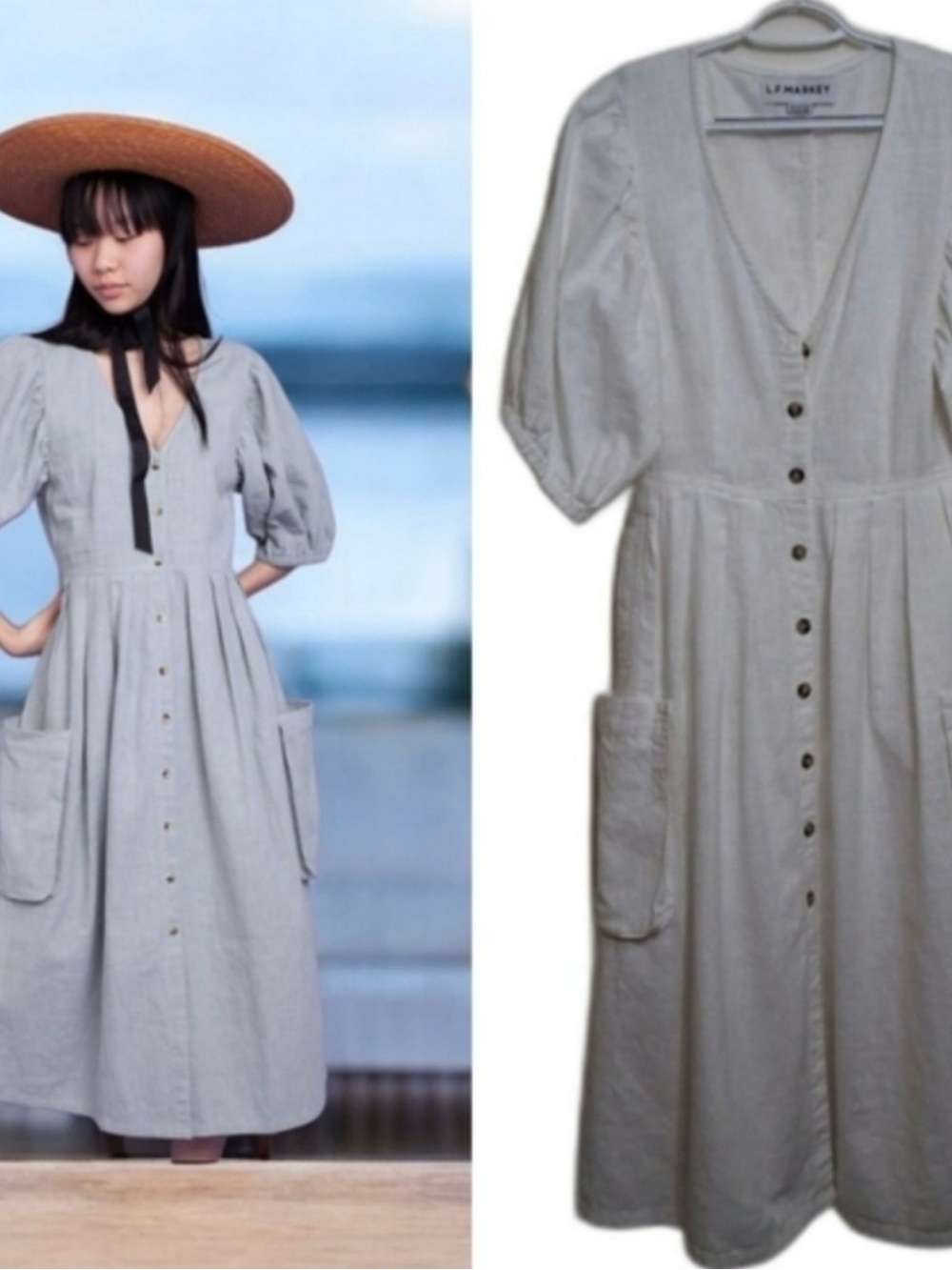 L.F. MARKEY Light Gray Button-Front Midi Dress with Patch Pockets